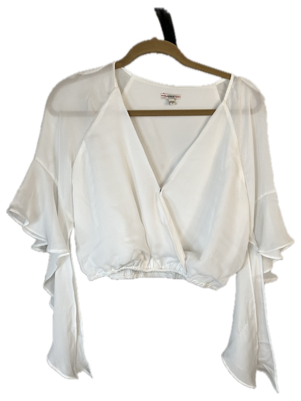 Guess Vintage Y2K Fairy White Chiffon  Wrap-Front Flutter Sleeve Crop Top